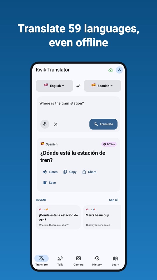 Translate 59 languages, even offline
