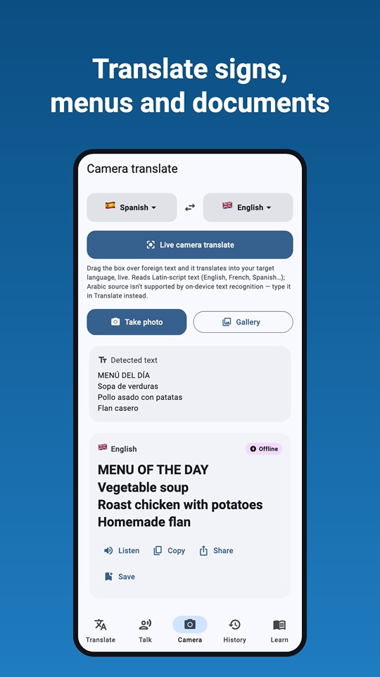 Translate signs, menus and documents with the camera
